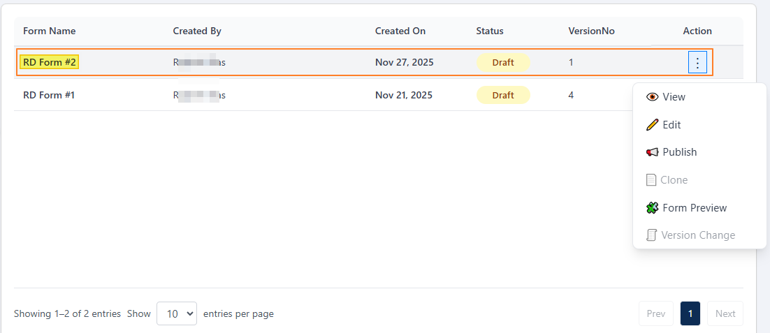 View of the saved form